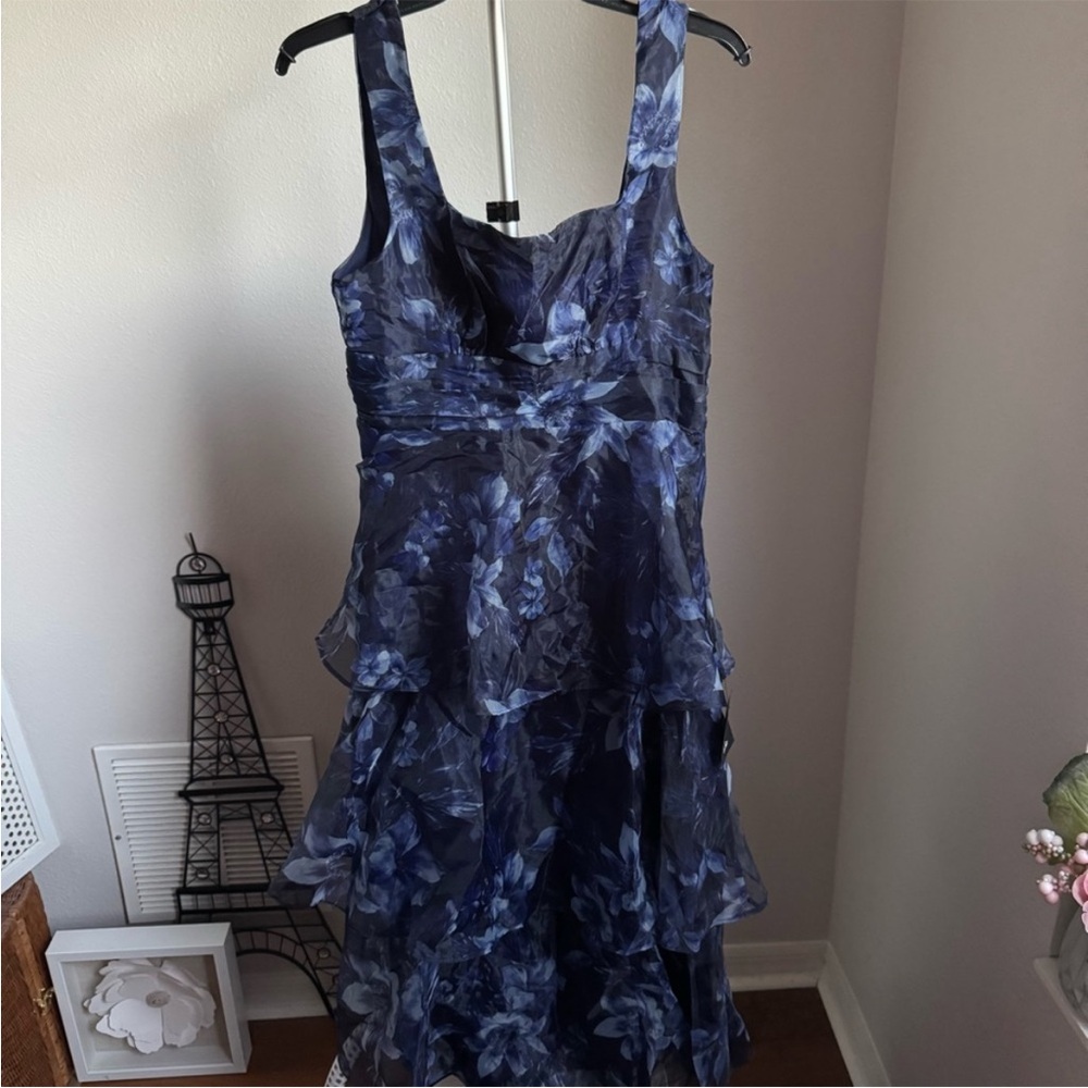 NWT Lulus Dramatic Glamour Navy Blue Floral Organza Tiered Midi Dress Sz L